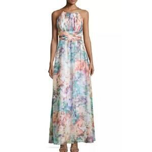 Aidan Mattox Watercolor Print Chiffon Gown Pleated Spaghetti Strap Maxi Dress